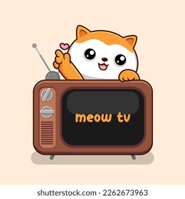 Cat with Old Television - Cute Orange Cat Love Paws Above TV Vector