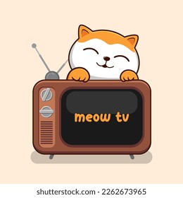Cat with Old Television - Cute Orange Cat Play Above TV Vector