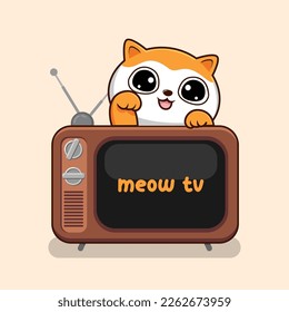 Cat with Old Television Waving Hand Kawaii - Cute Orange Cat Above TV Vintage