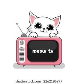 Cat and Old TV - Cute White Pussy Cat Playing Television Vector