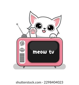 Gato y televisión antigua - Gato pussy blanco lindo jugando encima de la caricatura televisiva