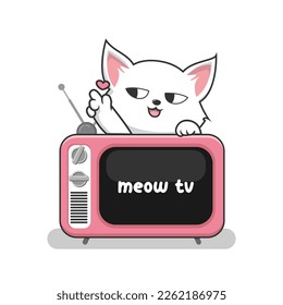 Cat and Old TV with Love Hand - Cute White Pussy Cat Above Television Vector