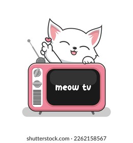 Cat and Old TV with Love Paws - Cute White Pussy Cat Above Television Cartoon Vector