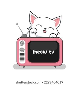 Cat and Old TV Vector - Cute White Pussy Cat Play on Television Cartoon