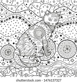 Cat on abstract pattern. Hand drawn abstract patterns on isolation background. Design for spiritual relaxation for adults. Black and white illustration