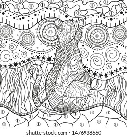 Cat on abstract pattern. Hand drawn abstract patterns on isolation background. Black and white illustration for colouring page