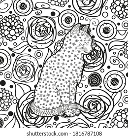 Cat on abstract square pattern. Hand drawn abstract patterns on isolation background. Black and white illustration for colouring