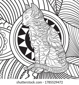Cat on abstract square shape. Hand drawn pattern. Black and white illustration for colouring