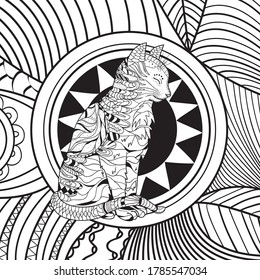 Cat on abstract square shape. Hand drawn abstract pattern. Black and white illustration for colouring