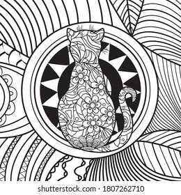 Cat on abstract square shape. Hand drawn abstract pattern. Black and white illustration for colouring