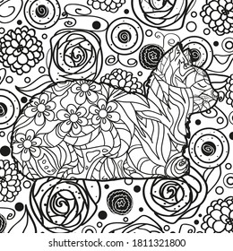 Cat on abstract square shape. Hand drawn abstract pattern. Black and white illustration