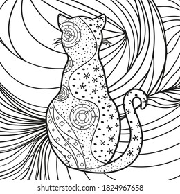 Cat on abstract square shape. Hand drawn abstract pattern. Black and white illustration
