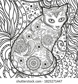 Cat on abstract square shape. Hand drawn abstract pattern. Black and white illustration