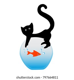 A cat on an aquarium with a goldfish. Flat design, vector.