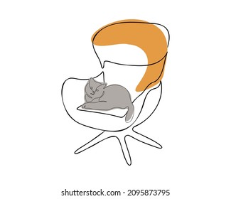 The cat on the armchair. Pet. Linear style. Hand drawn. Doodle. Flat vector 