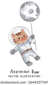Cat on astronaut costume float with planet balloon. Watercolor vector illustration suitable for nursery, print for invitation card, poster design.