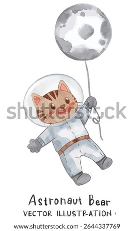 Cat on astronaut costume float with planet balloon. Watercolor vector illustration suitable for nursery, print for invitation card, poster design.