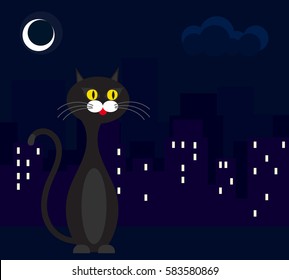 Cat on the background of the city at night and moon on the sky