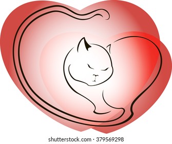 Cat on a background of red hearts. EPS10 vector illustration.