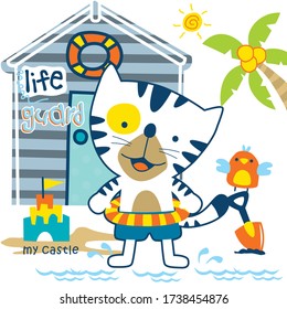 cat on the beach funny animal cartoon,vector illustration
