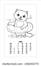 The cat on the beach. Inflatable circle for swimming. Summer entertainment. Coloring book for children. Vector illustration isolated on white background. Calendar, June.