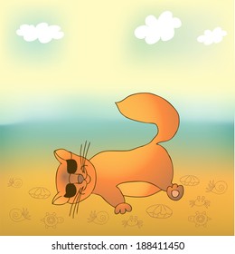 cat on a beach. Vector illustration.