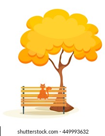 The cat on the bench. Ginger tabby cat on a wooden bench under autumn tree on a white background. Autumn motive. Cartoon style. Stock vector illustration
