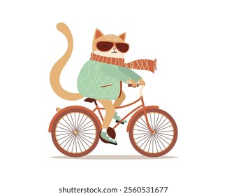 Cat on a bicycle. Cartoon Cat on a Bike with Winter Clothes for a Cozy and Playful Theme Illustration. Vector illustration