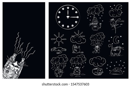 Cat on a black background. Theme for smartphone. Background for the main screen, a watch dial with paw prints and weather icons made in the mood of a cats. Cat weather. Vector illustration.