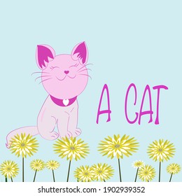  A cat on blue background, for graphic,content , banner, sticker label and greeting card, Kids learning material.Card for learning animals