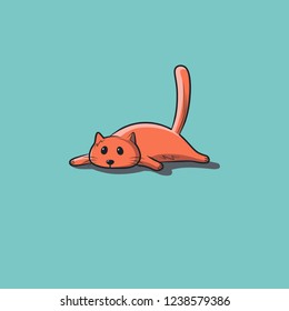 Cat on blue background. Orange cartoon cat lying on his stomach. Vector illustration.