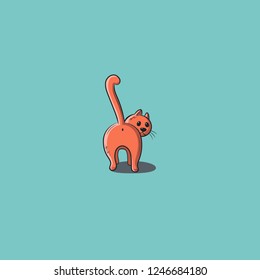 Cat on blue background. Orange cartoon cat, rear view. Vector illustration.