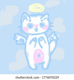 Cat on a blue background with wings. Angel. Sketch. Vector illustration.