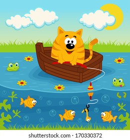 Cat on a boat fishing in a pond - vector illustration