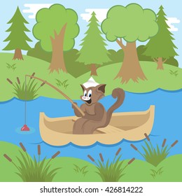 Cat on a boat fishing in a pond - vector illustration. Cat fishing in forest.
