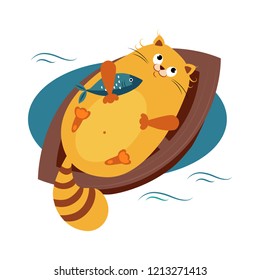 Cat on a Boat Hugging Fish. Vector Illustration