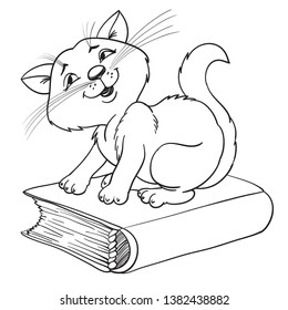 a cat on a book, a cat sitting on a book, a cartoon character, a hand outline drawing, in a flat style on a white background.
