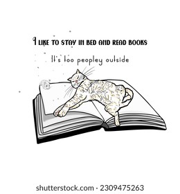 Cat on book  vector art. Cartoon drawn cozy Illustration of books and cats with calligraphy text. Lettering quotes. Reading motivation for design, cards, posters