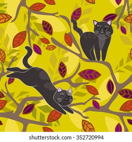 Cat on a branch of a tree. Black kittens. Vector seamless pattern, doodling design. Hand draw cats and leafs. Kids illustration, cute background. Olive green color doodle background