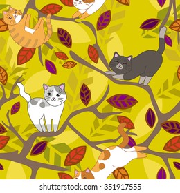 Cat on a branch of a tree. Ginger red orange kittens. Vector seamless pattern, doodling design. Hand draw cats and leafs. Kids illustration, cute background. Color doodle background