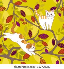 Cat on a branch of a tree. White and ginger orange kittens. Vector seamless pattern, doodling design. Hand draw cats and leafs. Kids illustration, cute background. Olive green color doodle background