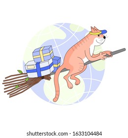 A cat on a broomstick delivers packages. Against the background of the globe.