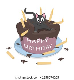 A cat on the cake wishes a happy birthday. Cute cat with a cake and candles.