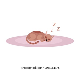 Cat on carpet, sleeping cat. Vector Illustration for printing, backgrounds, covers, packaging, greeting cards, posters, stickers, textile, seasonal design. Isolated on white background.