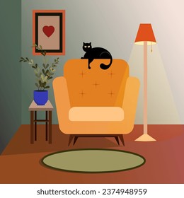 cat on the chair. home interior. cozy room.