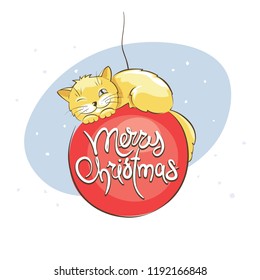 Cat on the christmas ball / Vector illustration, card with funny cat