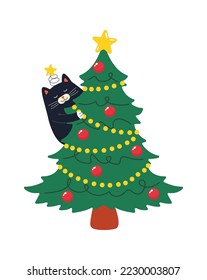 Cat on Christmas tree flat icon Winter holiday decor