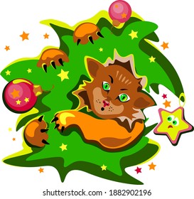 Cat on the Christmas tree. A ginger kitten sits on a Christmas tree with New Year's toys.