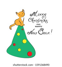 Cat on a Christmas tree. Postcard, poster, banner with a congratulatory inscription.
