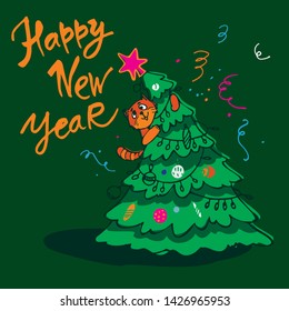 Cat on a Christmas tree trying to drop her new year and Christmas cute cartoon vector illustration with words Happy New Year for postcards calendars and posters